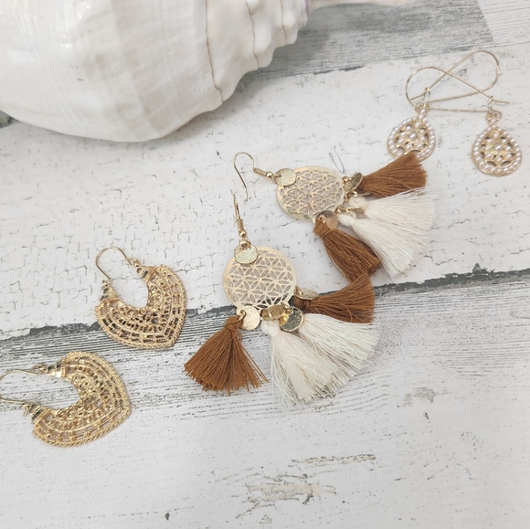 NEW 3 Pair of Earrings Tassel and Faux Pearl - Picture 5 of 8